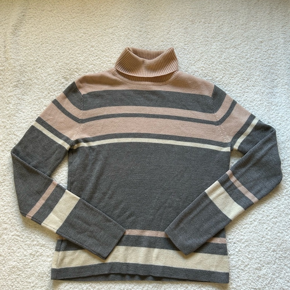 Ann Taylor Turtleneck Sweater in Gray and Pink Stripes